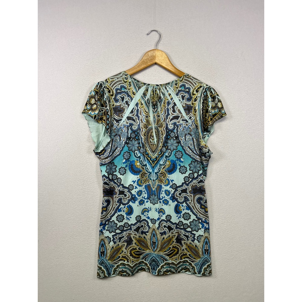 Boho Unity World Wear Women Large Blue Brown Paisley Crochet Beaded V-Neck Top - Picture 2 of 8